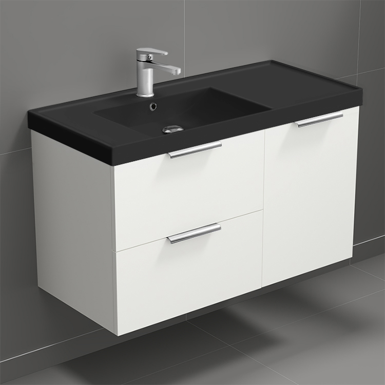 Nameeks LISBON25 36 Inch Bathroom Vanity With Black Sink, Modern, Wall Mount, Glossy White